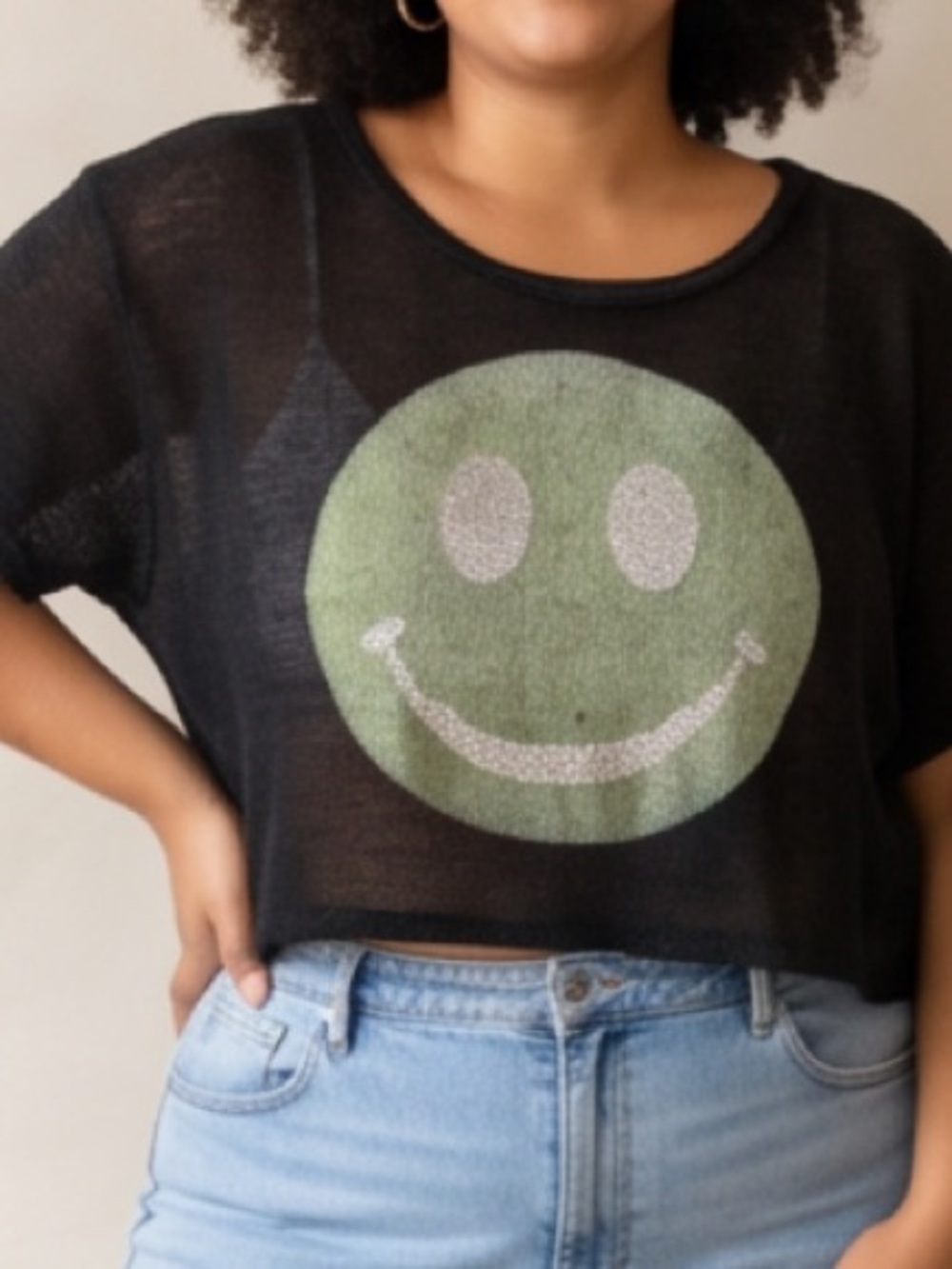 Black Kids Sheer Smiley Face Crop Top - Green Graphic